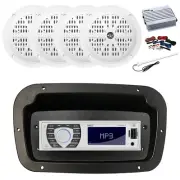 Pyle Marine Radio,Adapter,Spa Bezel,Antenna,Amp w/Kit, 4x 4'' 100W White Speaker