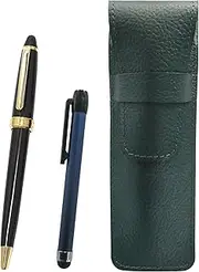 2 Pack Grain Leather Pen Case Moss Green Metal Touch Stick Blue and Neo D-600 Ballpoint Pen Set Black SASMG-ALL-600B-2