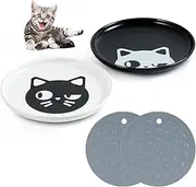 Kitwinney Cat Bowls, 2 Pack 6" Ceramic Cat Dishes with Nonslip Mats, Whisker Friendly Kitten Food Bowl, Wide, Shallow Pet Feeding Dish or Plate for Cats and Small Dogs, Dishwasher Safe