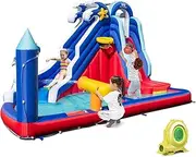 HONEY JOY Inflatable Water Slide, Dolphin Theme Kids Bounce House Water Park w/Long Slide, 2 Splash Pools, Climbing Wall, Water Gun, Basketball Rim, Ring-toss, Outdoor Jumping Castle with 680W Blower