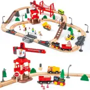 86pcs Wooden Train Set with Crane, Wooden Train Track Set Railway Kits Fits T...