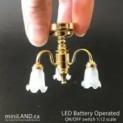 3 Arm brass frosted flower chandelier LED bright switch 1:12 dollhouse miniature