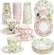 Yarlung 96 Pcs Floral Paper Tea Cups and Saucers Set, 9 Oz Disposable Tea Cup with Handle and 6 Inch Paper Plates for Tea Party Decorations, Birthday Favors, 3 Designs