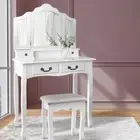 Elegant Dressing Table Stool Set With 3 Panel Mirror 4 Drawers Storage White