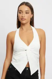 White Halter Neck Top Textured - Size 6XXS, Women's Top