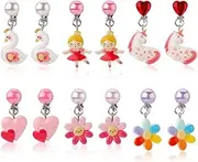 [Mikovivi] 6 Pairs Clip On Earrings, Non Perforated Ear Clips with Ear Pads, Cute Unicorn Swan Love Design, Non Pierced, Stud Jewelry for Girls, Gift Kids, Medium