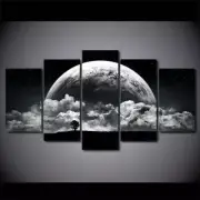 Planet & Clouds Black & White Framed 5 Piece Canvas Wall Art