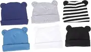 [Holibanna] 6pcs Cotton Caps with Bear Ears Unisex Boy and Girl Headwear Soft and Breathable Newborn Hats Grey and Striped Designs