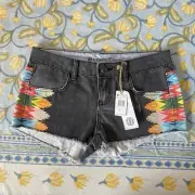 Element Eden Black Denim Shorts - Womens Size 7 - Aztec Print Cut Cheeky BNWT