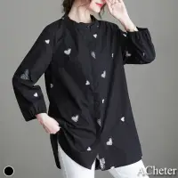 在飛比找momo購物網優惠-【ACheter】愛心刺繡棉麻純色舒適襯衫上衣#111823