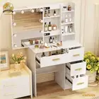 Dressing Table Makeup Vanity Desk With LED Sliding Mirror 4 Drawers & Gold Pull