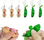 TIBDALA Pea and Peanut Popper Fidget Toys, 6 Pack Funny Facial Expressions Squeeze Bean Peas in a Pod Keychain Green Beans Soybean Stress Relief Toys for Sensory Kids Adults