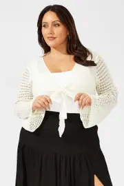 White Crochet Cardigan Long Sleeve Tie Front Knit