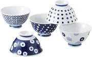 Saikai Pottery Traditional Hasami-yaki Japanese Porcelain Rice Bowls Set of 5 Bowls Made in Japan (Indigo Dots S)