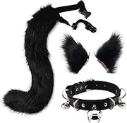 [yifulun] Adult Kids 3 Pieces Plush for Ears Hair Clip Furry Wolf Tail with Faux Leather Neck Choker Necklace Set Hallow/460