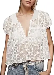 [OLAPTA] Women Lace Mesh Blouse Babydoll Short Sleeve Lapel V Neck Button Down Sheer See Through Crop Tee Shirts Flowy Tops