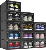 12Pcs Shoe Organizer Boxes,Black Plastic Stackable Shoe Storage Bin,Space Saving