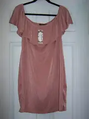 NWT - BooHoo, Bardot Ruffle Textured Rose Slinky Mini Dress Size 18