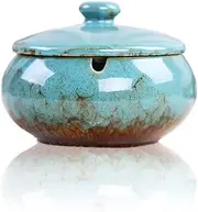 Lependor Ceramic Ashtray with Lids, Windproof, Cigarette Ashtray for Indoor or Outdoor Use，Ash Holder for Smokers,Desktop Smoking Ash Tray for Home Office Decoration - Blue