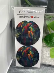 2 PC Car Cup Holder Coaster Set 2.75" Anti Slip Silicone Back New Exotic Birds 9