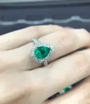 2. 05 Ct Pear Cut Natural Emerald Diamond Proposal Ring 14K solid White gold