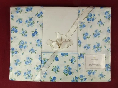 Vintage Blue Rose Fieldcrest Sheet Full Flat 81 x 108 Pillow Cases Cotton NEW