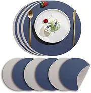 YONOVO 6 Pack Double-Sided Faux Leather Placemats Set, Round Blue PU Dining Table Mats, Easy to Clean Heat Resistant Waterproof Place Mats Durable Plate Mats (Blue+Grey)