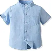 [Amur Leopard] Boys' Shirt Spring Plain Shirts Children's Stand-Up Collar Cotton Cardigan with Single Breasted Buckle, Blue Short-Sleeved, 146