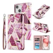 For Apple iPhone 13 Case Marble Painting Pattern With Lanyard Flip Wallet Case Leather Card Slots Stand Cover (Rose Gold Gilding)