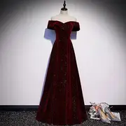 Short-Sleeve Off Shoulder Glitter Velvet A-Line Evening Gown Wine Red - L