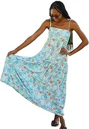 [Kenny Flowers] Women's Resort Dress, Organic Rayon Maxi Dress, Smocked Back, Adjustable Tie Straps, and Flowy Tiered Bottom