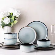 [LeRatio] Dinner Set for 4, 12 Piece Stoneware Plates and Bowls Set, Chip & Scratch Resistant Reactive Glazed Dinnerware Set, Dishwasher & Microwave Safe Crockery Set (Ocean Blue)