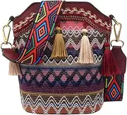 [Yomotay] Ethnic Bag Women's Vintage Colourful Handbag Small Shoulder Bag Boho Embroidery PU Canvas Bag Shoulder Bag with Tassels for Women Girls Gifts - Red, red