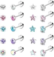 [Sanfenly] 10 Pairs 18G Ear Stud Earrings for Women Stainless Steel Round Star Cubic Zirconia Earrings Tragus Cartilage Piercing Barbell Screw Back Earrings Set