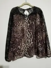 Womens BUFFALO David Bitton Lace Shoulder Cheetah Pullover Blouse Top-Sz XLarge