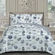 Royal Tradition Seaside Sea Shells Reversible Coverlets, Twin XL Over-Sized 2pc Quilt Set (68-Inch Wide x 90-Inch Long) Lightweight Bedspread