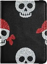 [Amooorous] Fake Glitter Cartoon Pirate Skull Cool Leather decorative Passport and Vaccine Card Holder Combo Vaccine Case Protector Cover Passport Cover Holder Wallet Case Waterproof, Fake Glitter cartoon Pirate