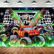 Newsely Truck Themed Backdrop 7Wx5H Photography Monster Happy Birthday Party Supplies Jam Burning Flame Car Grave Digger Boys Kids Background Cool Unique Party Decorations Banner Photo Booth Props