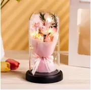 Preserved Flower Bouquet in Glass Dome LED Light Rose Arrangement Gift for Her