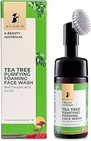 Pilgrim Tea Tree & 1% Salicylic acid Foaming Face wash with brush | Tea Tree face wash with 1% salicylic acid & CICA for oily skin, acne and pimples | Oily skin cleanser for face | Women & Men| 120 ml