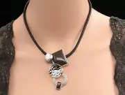 unique black lucite rectangle round silver pendant leather necklace jewelry K64
