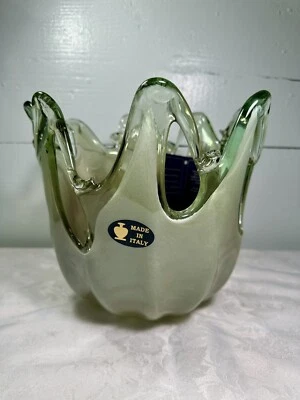 White Cristal Murano Style Green Large Hand Blown Glass Vase Made in Italy New
