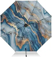 [RPLIFE] Travel Umbrella Windproof Umbrella Small Compact, Umbrellas for Backpacks/Handbags, Rain, Wind and Sun, Blue Gold Marble