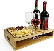 KERHAND Rustic Bamboo Couch Snack Caddy,TV Tray with 2 Red Wine Glass Holder,Couch Caddy with Cup Holder Tray,Bed Snack Tray for Couch,Bed,Car,Game/Movie/TV Lovers