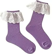 [Oxtxuzdm] Women Autumn Ruffled Lace Trimmed Patchwork Ankle Socks Korean Sweet Girls Candy Color Ribbed Cotton Middle Tube Socks
