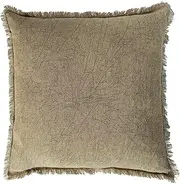 [Creative Co-Op] 20 Inches Square Stonewashed Linen Fringe, Olive Pillow, Green