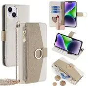 For iPhone 14 Plus Cell Phone Case PU Leather Flip Folio Wallet Cover with Mirror and Shoulder Strap