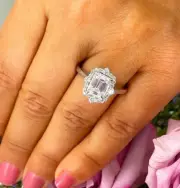 14K SOLID WHITE GOLD EMERALD CUT MOISSANITE ENGAGEMENT RING HALO PRONG 3.05CTW