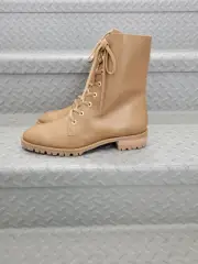 Stuart Weitzman Laine Leather Combat Boot CAMEL GOLD METAL 8