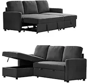 Black Colour 2m Linen Fabric 3 Seater Pullout Sofa Bed Modular with Storage Chaise Futon Corner